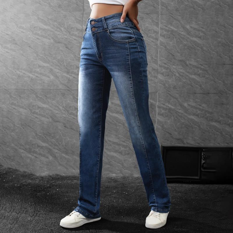 

Women s Denim Pants Elastic Simple Blue Casual All-matching Slimming Straight Suitable All Seasons S темно-синий