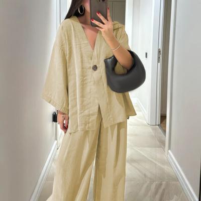 Women's Cotton Linen Two Piece Outfit Long Sleeve V Neck Button Top Wide Leg Pants Casual Loungewear Set