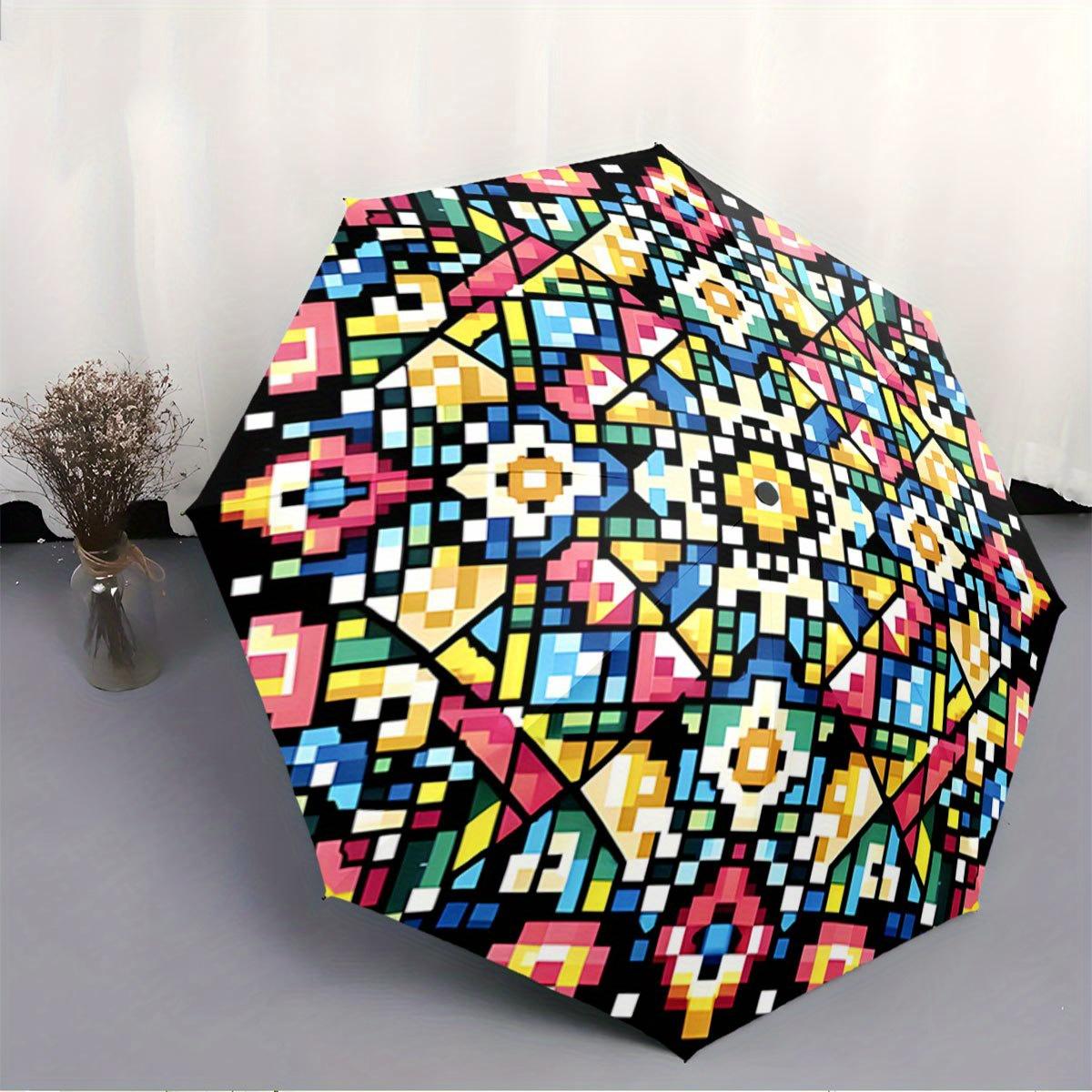 

Automatic Folding Umbrella Geometric pixel art pattern. Portable collapsible design, casual outdoor accessory, for all seasons Iron&8K