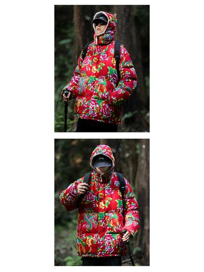 A1 Hanfu Team Uniform: Warm Couple's Lambswool Coat with Detachable Hood, Chinese Style, Cold-Protection, Big Flower Design.