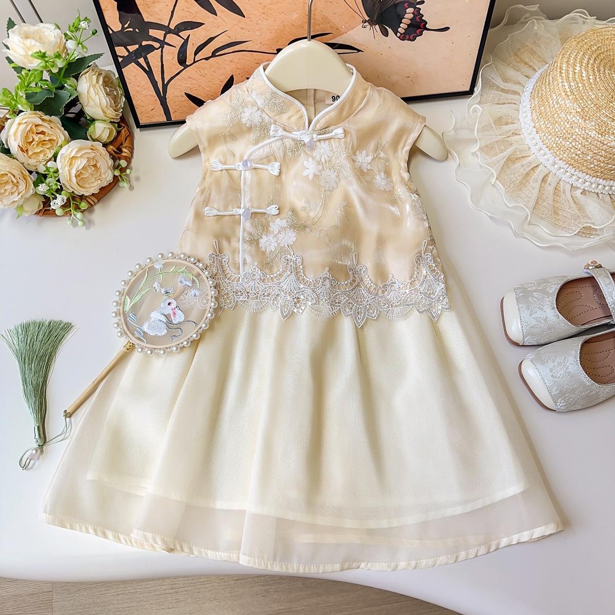 Girls Summer New Chinese Sleeveless Tang Suit Vest Dress Baby Hanfu Dress 90cm