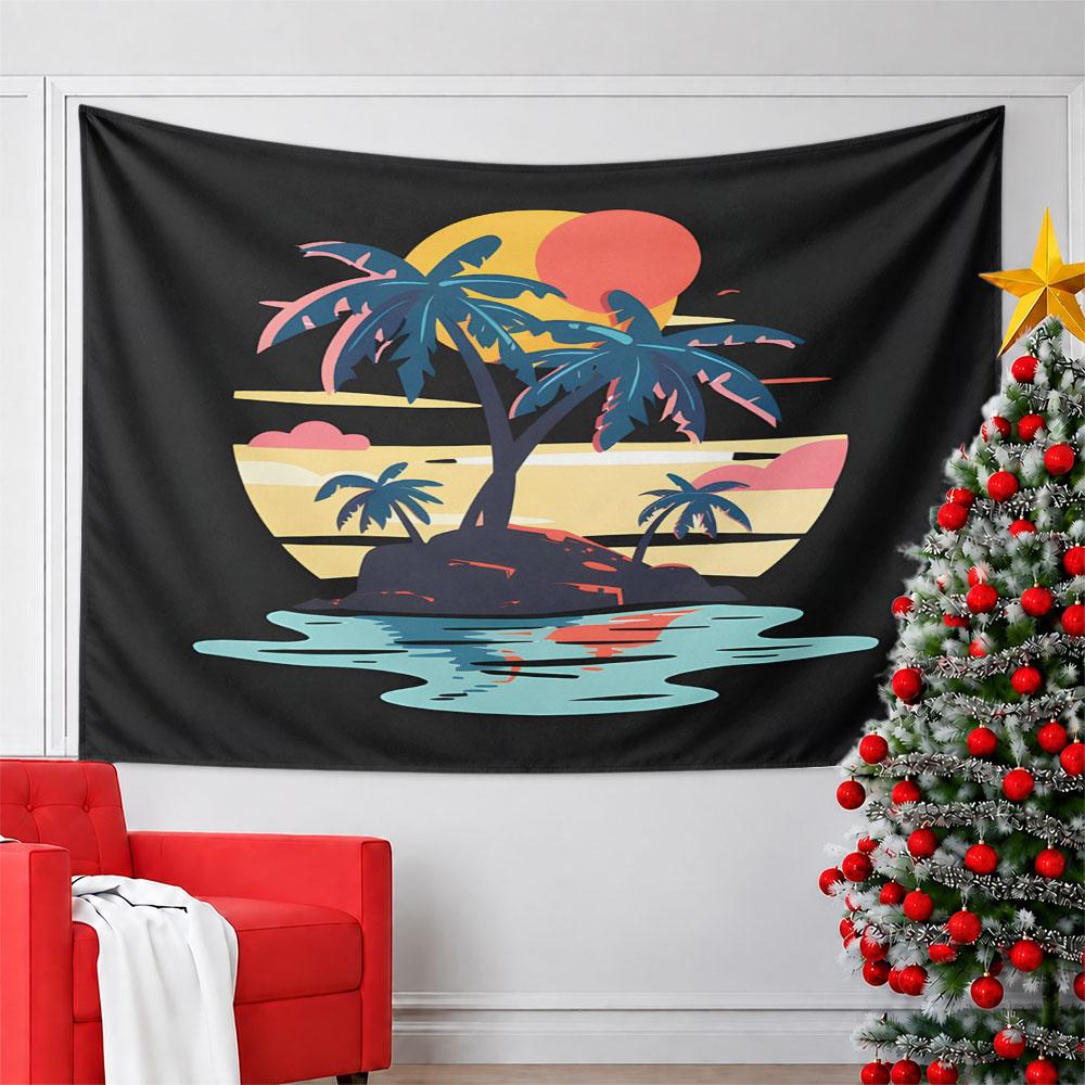 Tropical Sunset Island Scene Pattern Wall Hanging Tapestry Decorative Tapestry Home Decor for Bedroom and Living Room