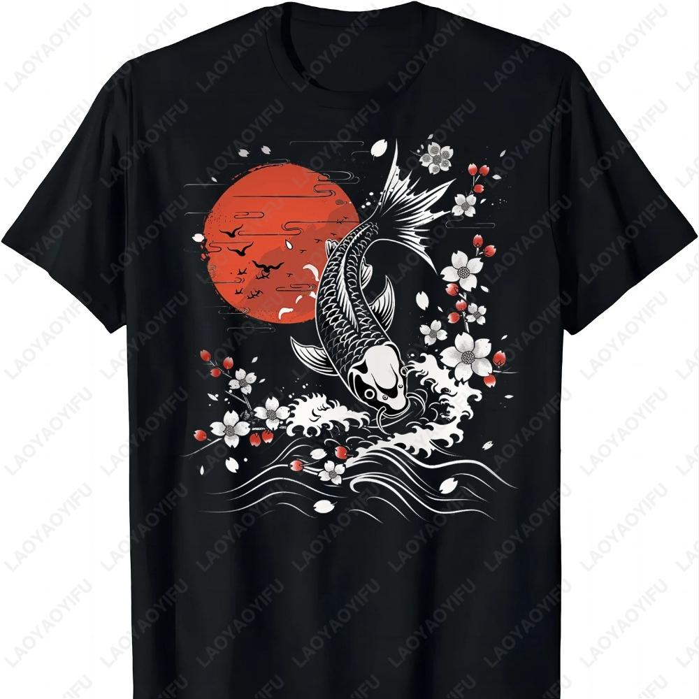 Cherry Blossom Koi Carp Fish Japanese Sakura Graphic Art TShirt Fashion Classic Style Oneck Tops Regular Cotton Men Clothing