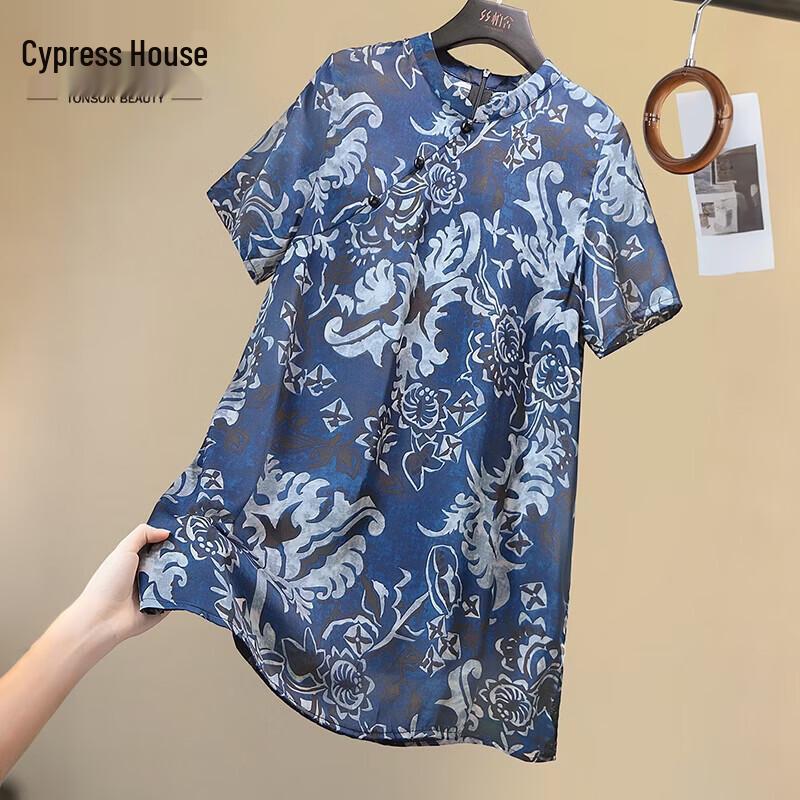 Women s Neo-Chinese Floral Print Stand Collar Blouse M