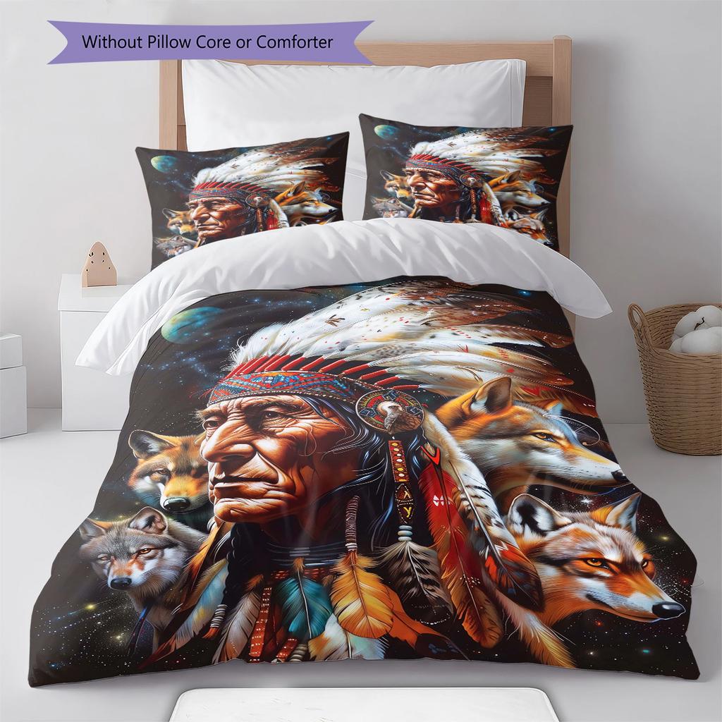 Indian Chief Wolf Bear Pattern Bedding Quilt Set Quilt Cover Pillowcase Home Decoration Birthday Gift (1 * duvet cover + 2 * pillowcase, without core)
