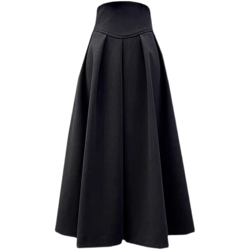 

Women s High-Waist A-Line Woolen Pleated Patchwork Skirt in Black for Autumn/Winter S [85-100 cm]