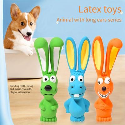 Juguetes de látex con sonido para perros, diseño de animales de orejas largas, juguetes masticables de caucho natural para la limpieza dental y el juego interactivo.