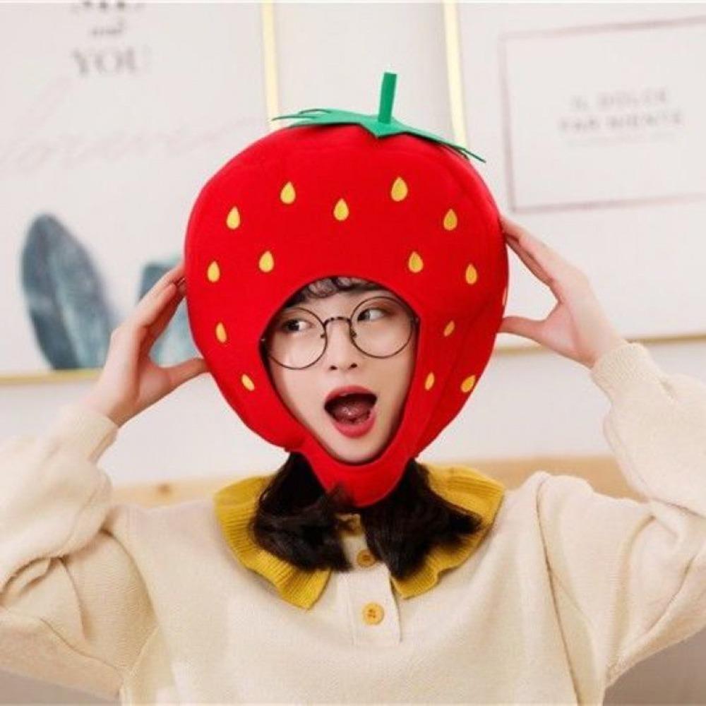 Red Plush Strawberry Hat Sweet Style Novelty Strawberry Cap Strawberry Headgear  Photography Props