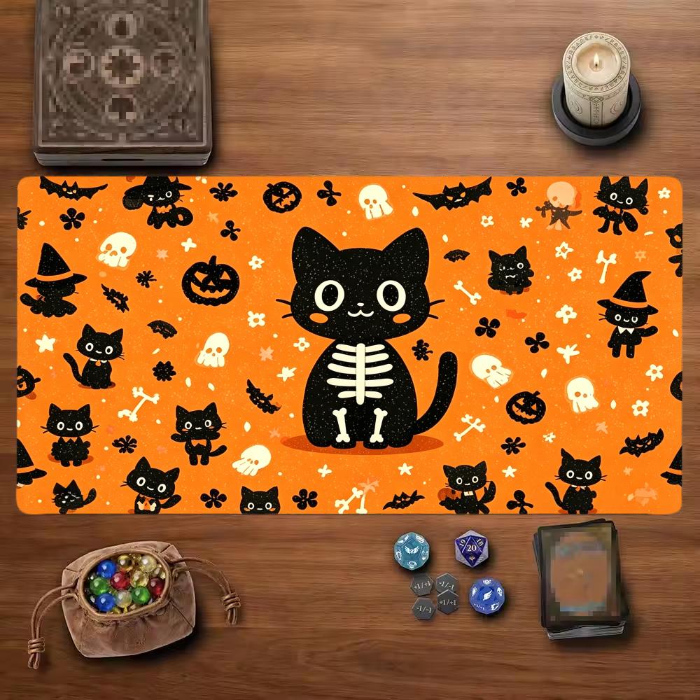 Halloween Skeleton Cat TCG Playmat Mouse Pad Playmat 24"X14" MTG TCG Office Desk Mat for Work Game PC Laptop Rug Carpet MousePad