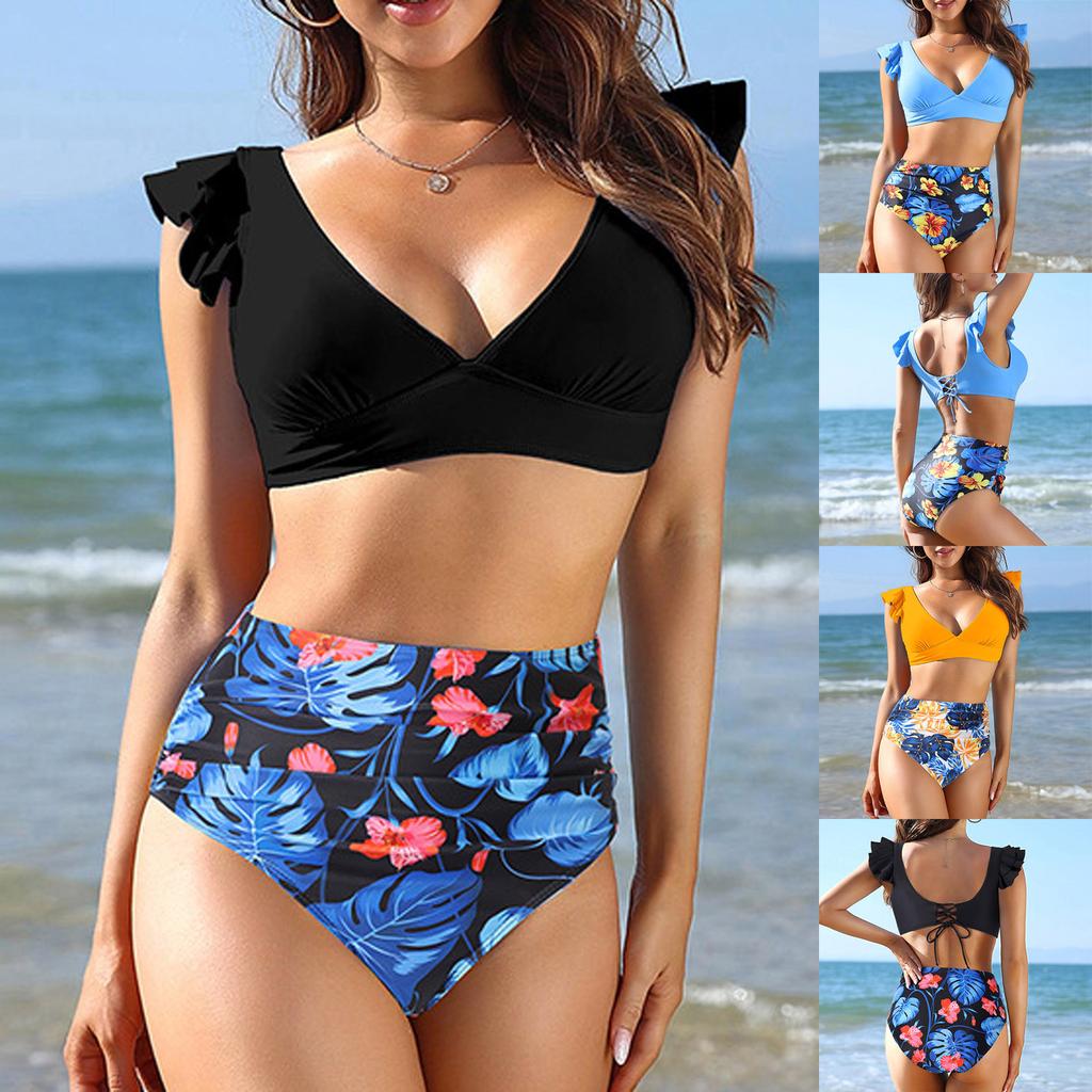 Women's High Waist Print Split Ruffle Bikini With Chest Pad No Steel Bra Swimsuit