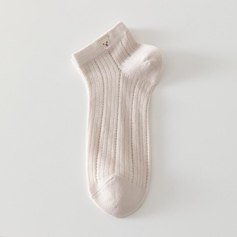 Women's Cute Cartoon Bear Ankle Socks - 2025 Spring/Summer Cotton Mesh, Solid Color, Thin Style