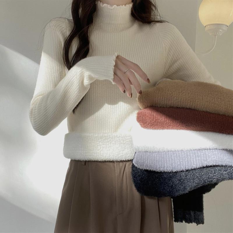 Warm Semi-turtleneck Inner Bottoming Shirt Women's Autumn and Winter Fungus Edge Slim-fit Top Integrated Fleece Thickened Knitted Sweater