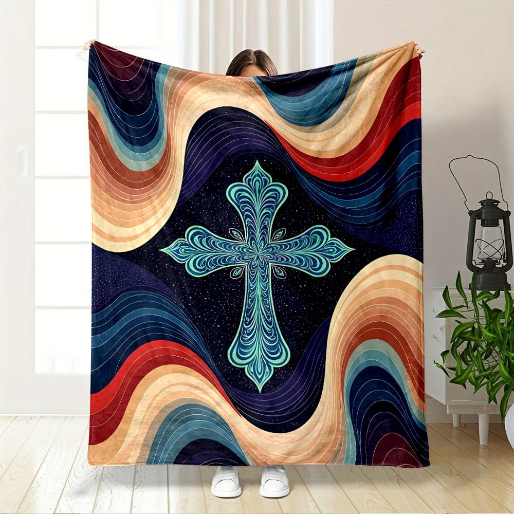 Colorful Cross with Swirl Pattern Design Flannel blanket for bedroom, living room, sofa, and nap sofas.