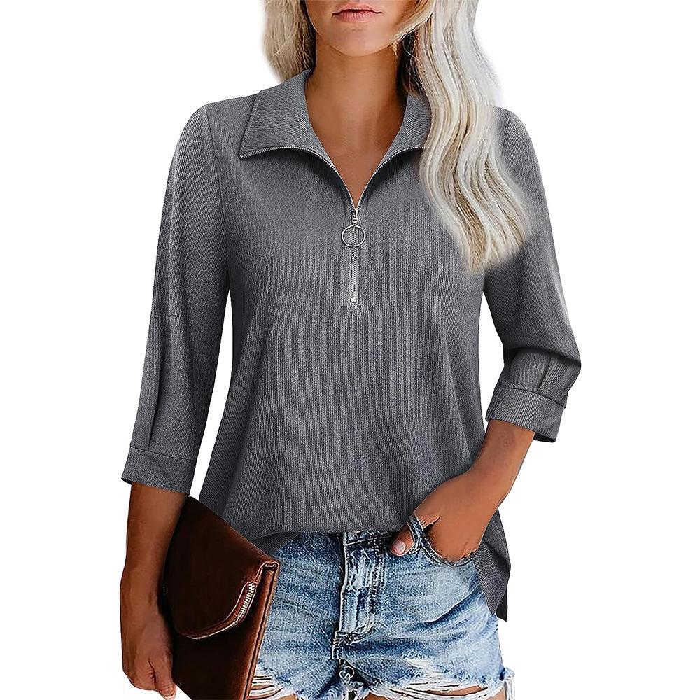 2023 Women s Black V-Neck Top with Seven-Sleeve Zipper S серый