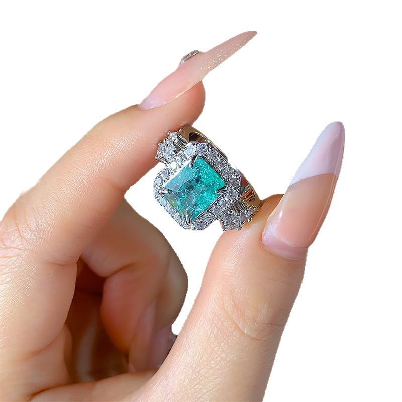 Ring Jewelry Temperament Princess Square Tourmaline Women'S Open Ring Emerald Imitation Copper