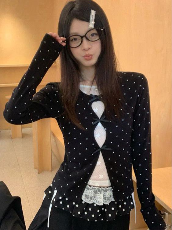 Women's Slimming Lace Long Sleeve Polka Dot T-Shirt - Black & White, Korean Style, Spring Collection