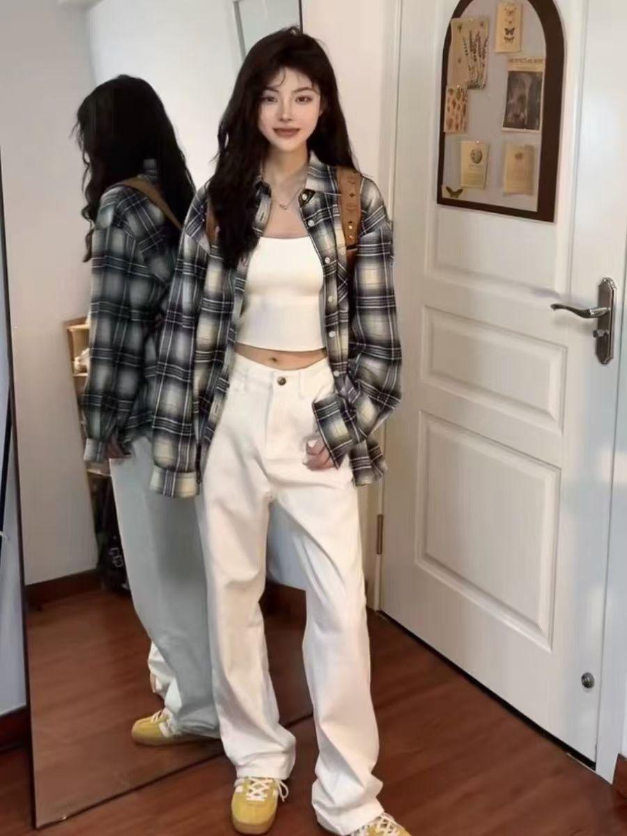 

Женская ретро клетчатая куртка-рубашка на весну и осень - Корейский стиль, Свободный крой, Универсальная, Повседневная, С длинным рукавом и защитой от солнца S