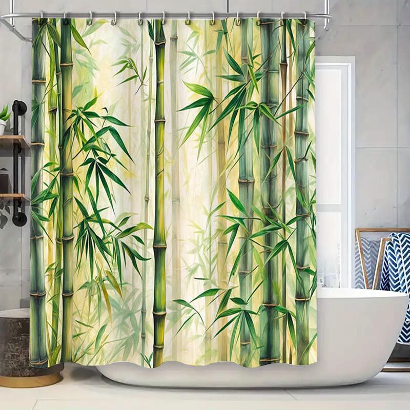 Bambus Duschvorhang Wasserdichter Stoff Große Größe Grüne Pflanzen Badezimmerdeko Anpassbarer Druck Heimdekoration Wasserdicht Pri