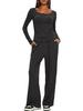 European & American Women's Solid Color Long-Sleeve Two-Piece Button Round Neck Pants Set