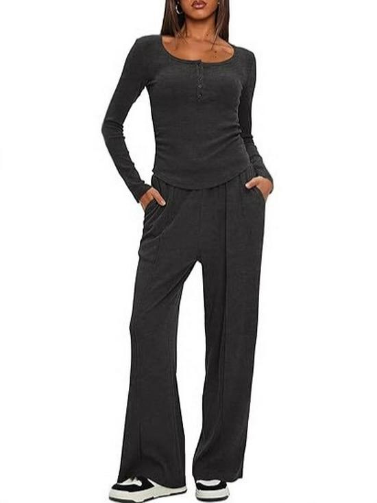European & American Women's Solid Color Long-Sleeve Two-Piece Button Round Neck Pants Set