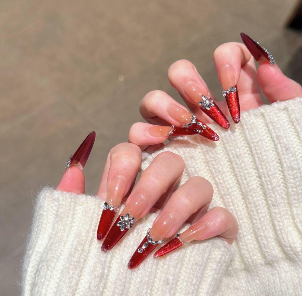 Handmade Red Cat Eye French Style Nail Tips - Wearable Finished False Nails Stickers