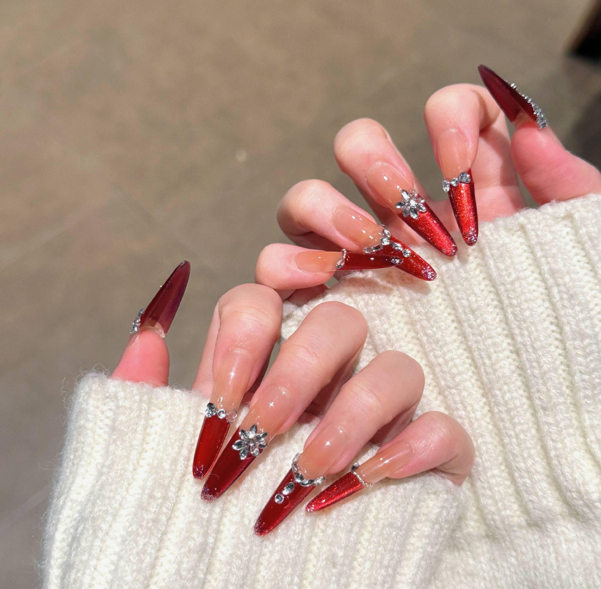 Handmade Red Cat Eye French Style Nail Tips - Wearable Finished False Nails Stickers Bagged XS