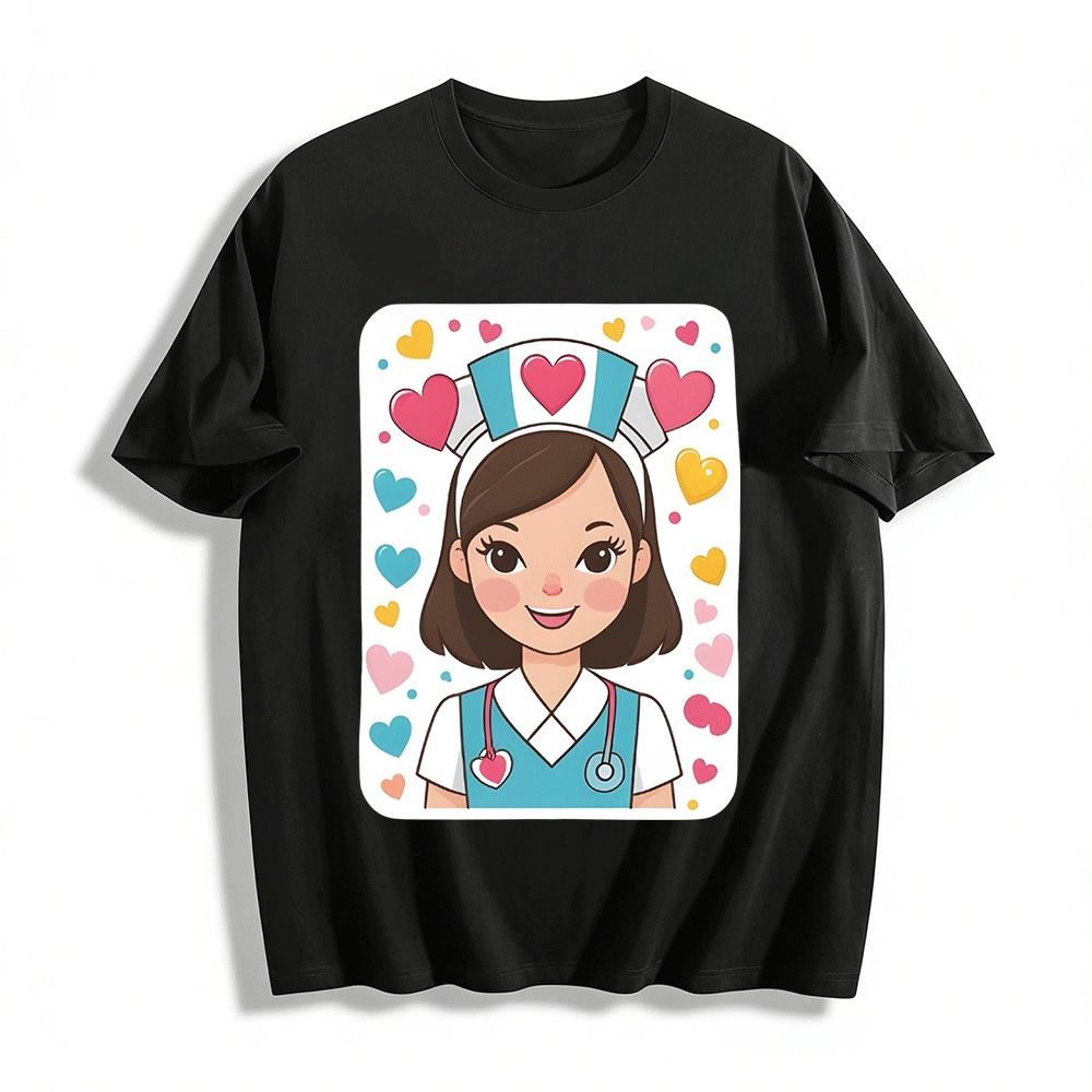 Cute Heart Nurse Print Casual Tshirt Medical Themed Healing Top Pure cotton T-shirt XXS