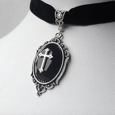 Charm Gothic Geometric Oval Sliver Color Bat Cross Relievo Pendant Black Velvet Necklace for Women Halloween Choker Jewelry Gift
