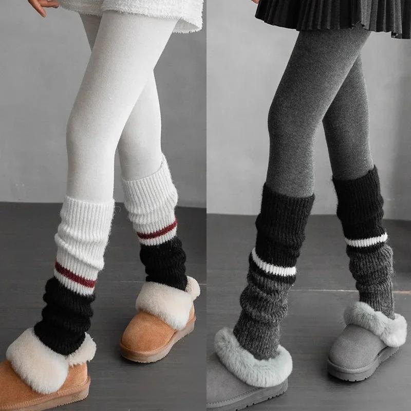 2pairs American Retro Cashmere Color Blocking Long Sock Winter Warm Knitted Leg Warmers for Women Lolita JK Boot Cover Stockings