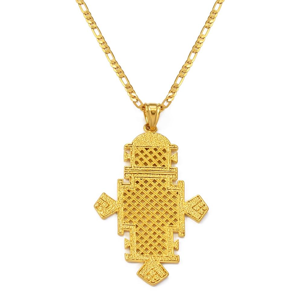 Annio Ethiopian Gold Cross Pendant Necklaces For Women/Men Gold Color Africa Big Crosses Jewelry Eritrea Religion#044602 45cm Chain