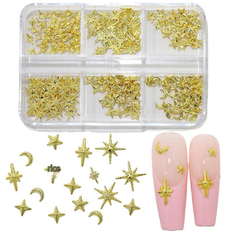 Starry Nail Art Set: Moon, Cross & Star Metal Rivet Decorations In 6-Grid Box
