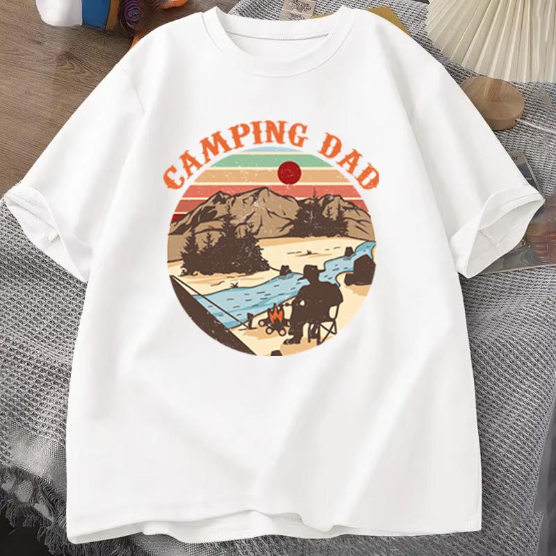 Outdoor Camping Dad T‑shirt "Camping Dad" Vintage Sunset Mountain Design Casual Short Sleeve Mens Tee Fathers Day Gift