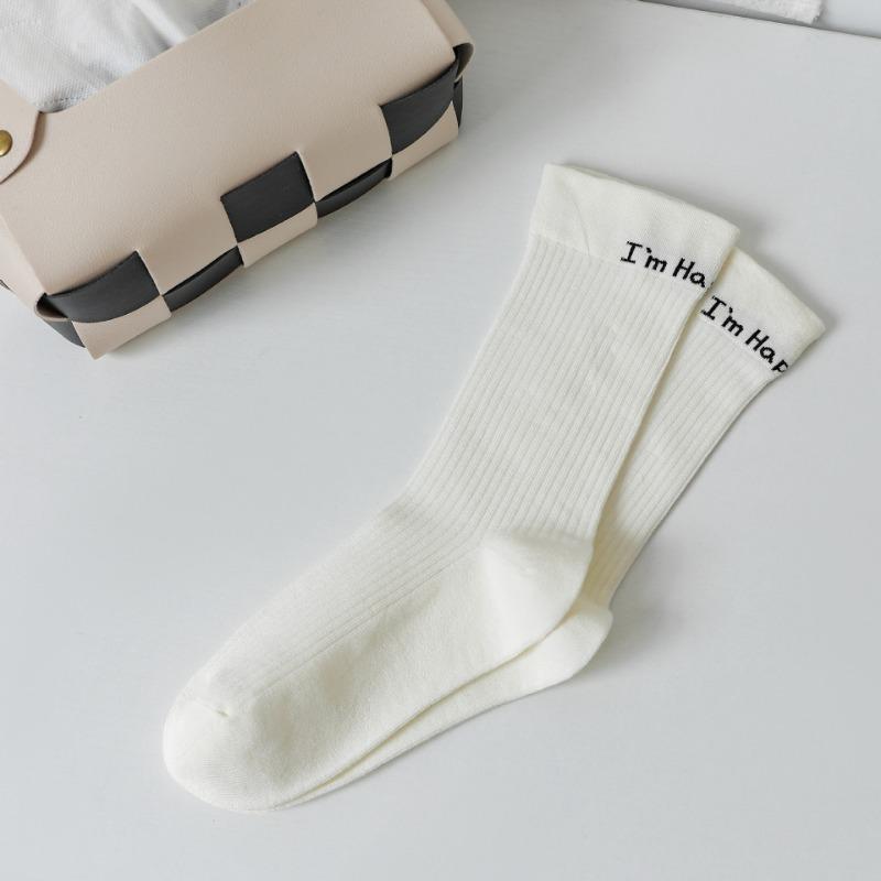 

Черно-белые носки для женщин, свободные бесшовные носки до середины икры со шнурком из букв и смайликов, хлопковые дышащие послеродовые носки 1 pair слоновая кость