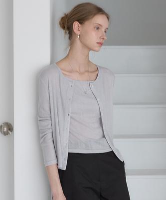 OURHOPE [Set] Sheer Ribbed Cardigan Sleeveless Set - Light Grey