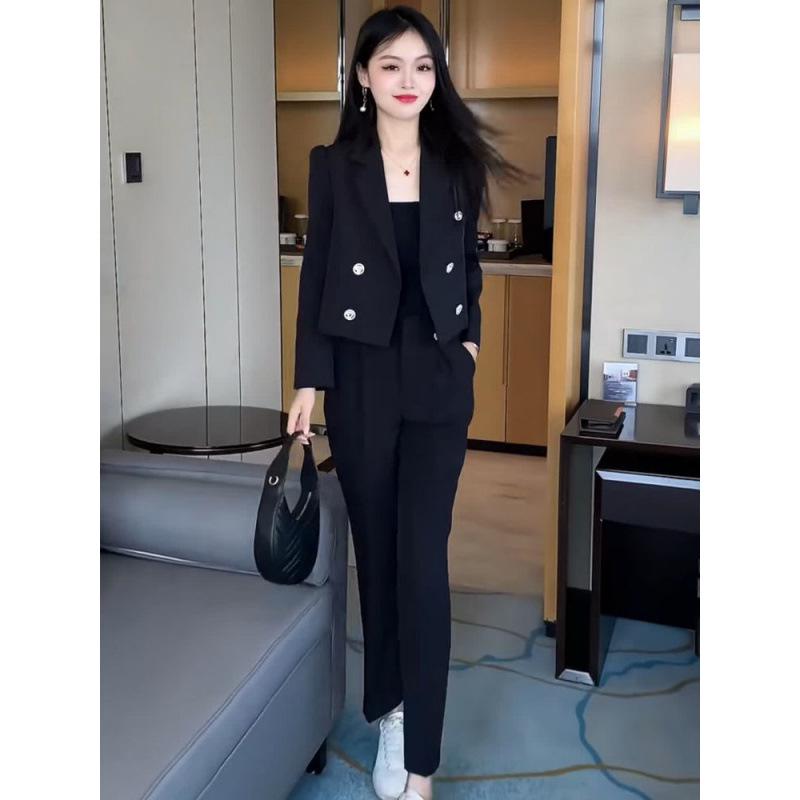 Women's 2023 Black Long Sleeve Suit & Pants Set - High-End Fashion for Spring/Autumn