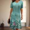 Fashion Womens Loose Flower Print O Neck Short Sleeve Leaves Print Loose Streetwear A-line Dress