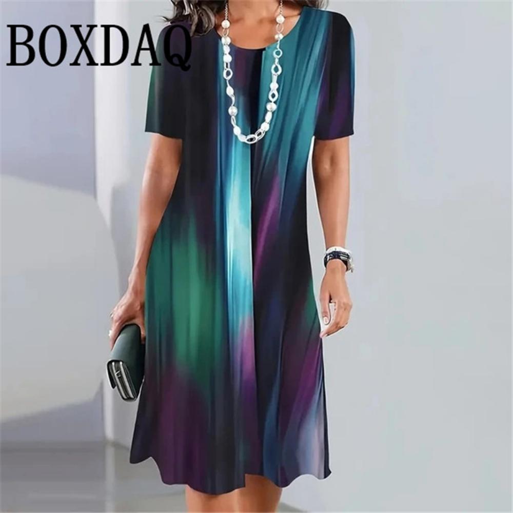 Vestido Nuevo para Mujer Estampado 3D de Manga Corta de Longitud Media Moda Verano Otoño Cuello Redondo Holgado Vestido Vintage Ropa Elegante para Mujer