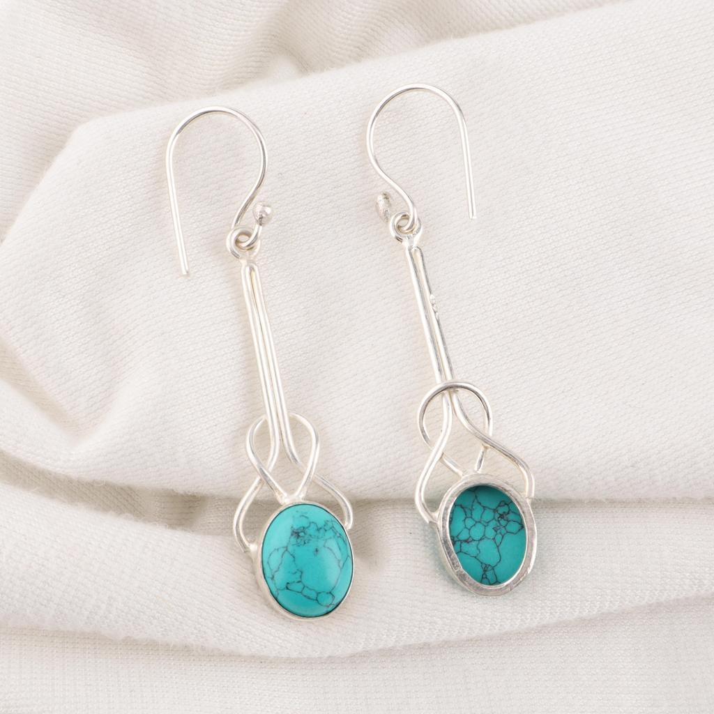 Blau Türkis Handgefertigte Edelstein Ohrringe, 925 Massiv Sterlingsilber Böhmische Schmuckohrringe, Attraktive Silberohrringe Geschenk für Ehefrau