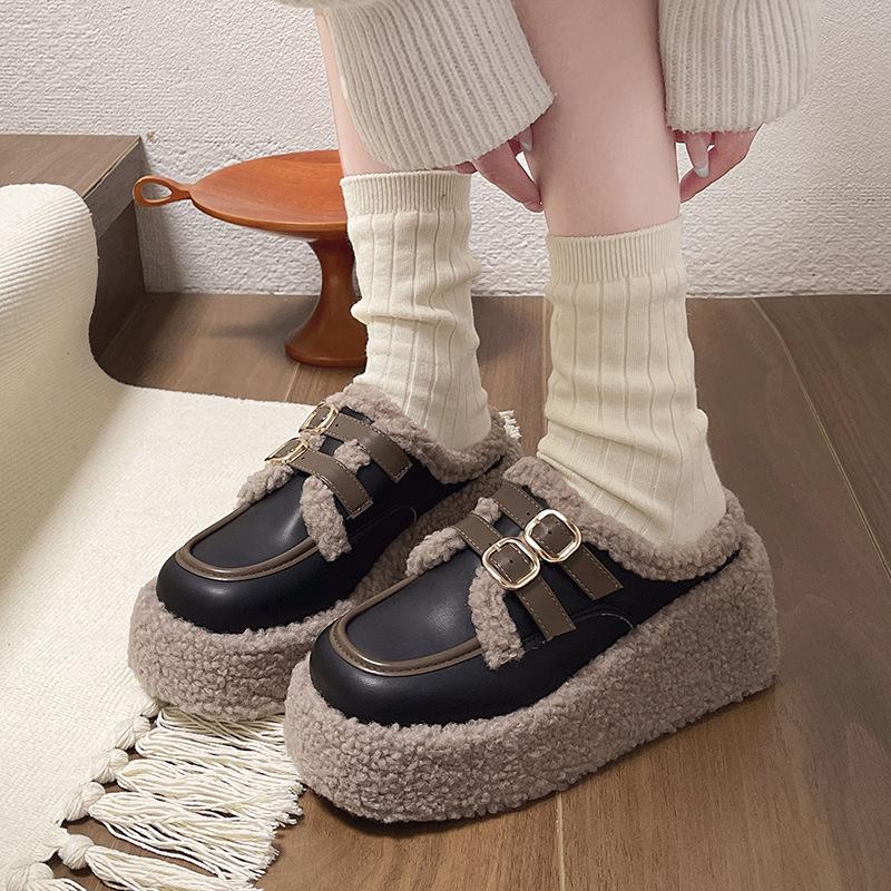 

Интернет знаменитости сумка голова хлопковые тапочки женские 2024 осень и зима новая мода корейская версия ремень пряжка верхняя одежда бархатные тапочки на танкетке 40 чёрный