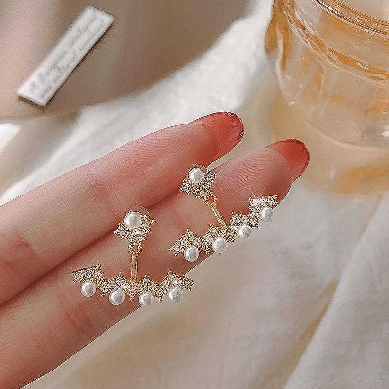 925 Silver Needle Temperament High-end Full Diamond Pearl Earrings Women's ins Wind Geometric Earrings Korean Light Luxury Earrings