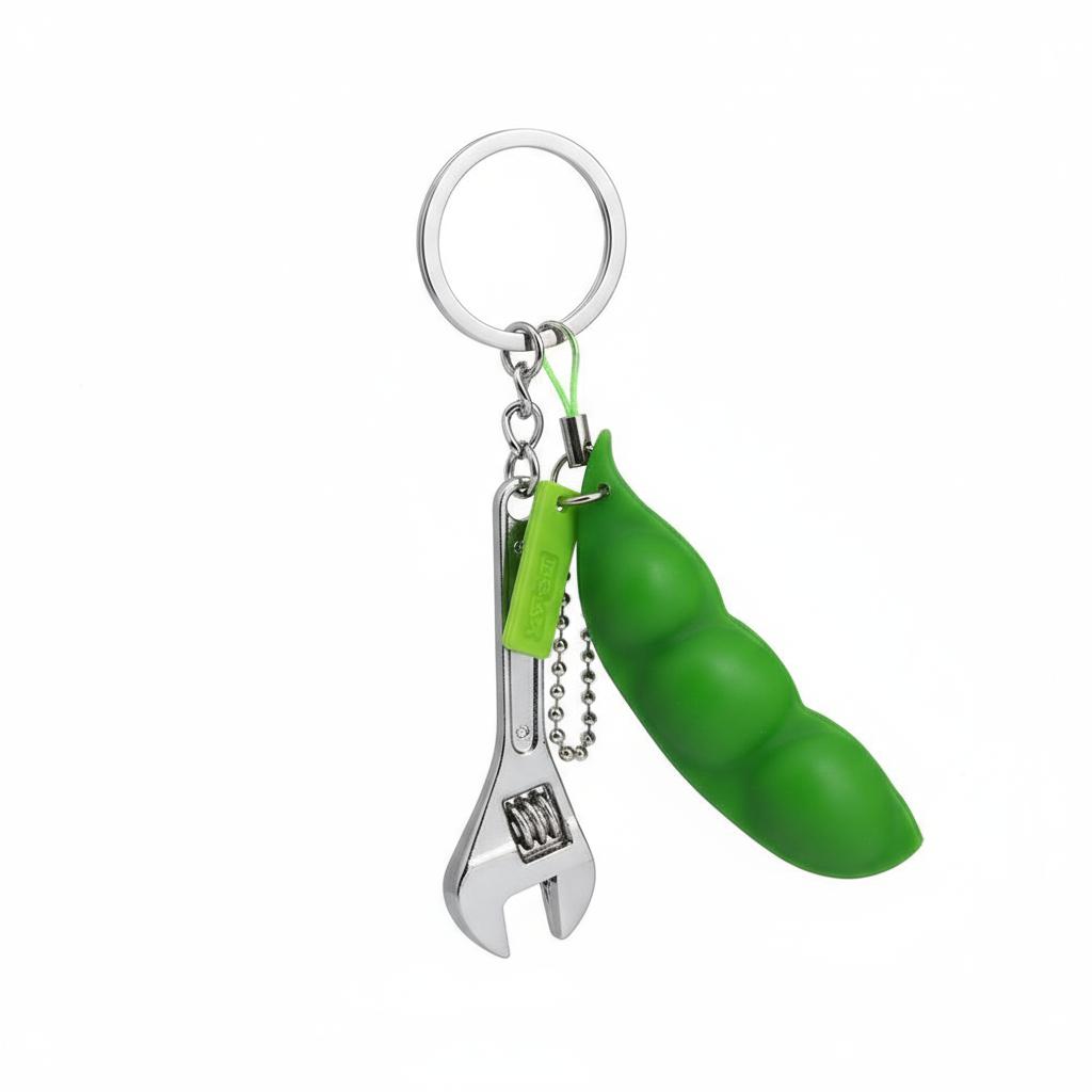 Creative Keychain Set – Mini Adjustable Wrench Keychain + Cute Edamame Fidget Squeeze Toy Keychain for Stress Relief and Gifts