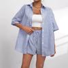 Sommer Freizeit Gestreift Damen Zweiteiliges Set Kurzarm Locker Hemd Oberteil und Shorts Anzug Damen Mode 2-teilige Sets Weiblich