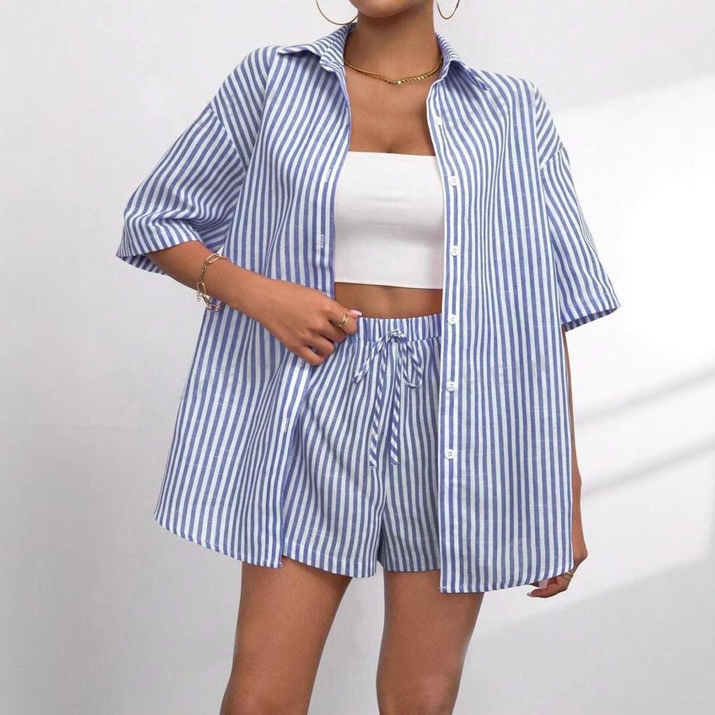 Sommer Freizeit Gestreift Damen Zweiteiliges Set Kurzarm Locker Hemd Oberteil und Shorts Anzug Damen Mode 2-teilige Sets Weiblich
