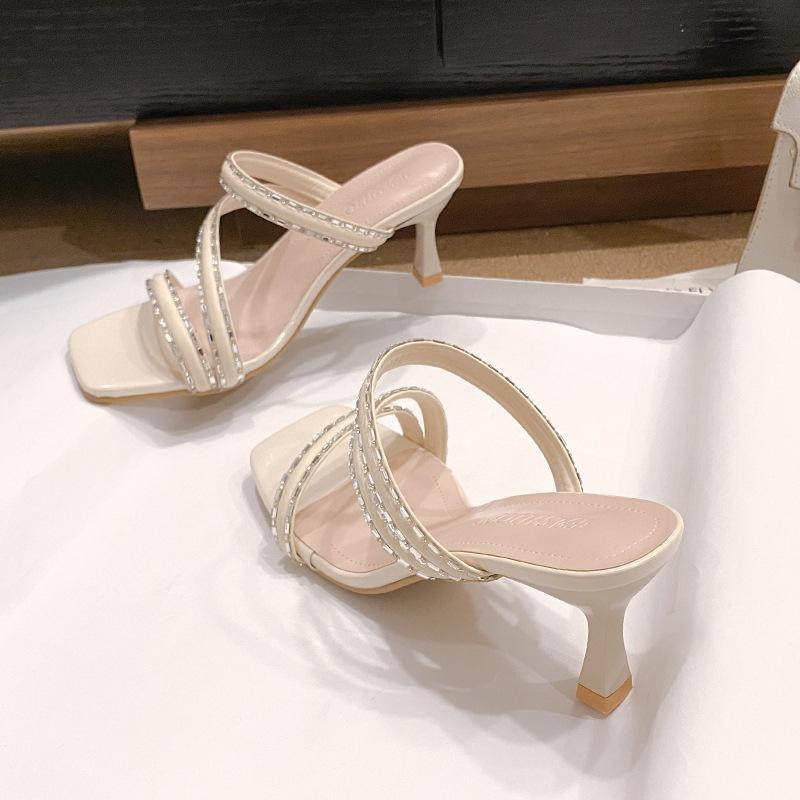 2025 summer new rhinestone one-word high-heeled slippers women's casual square head open-toed stiletto fairy wind slippers