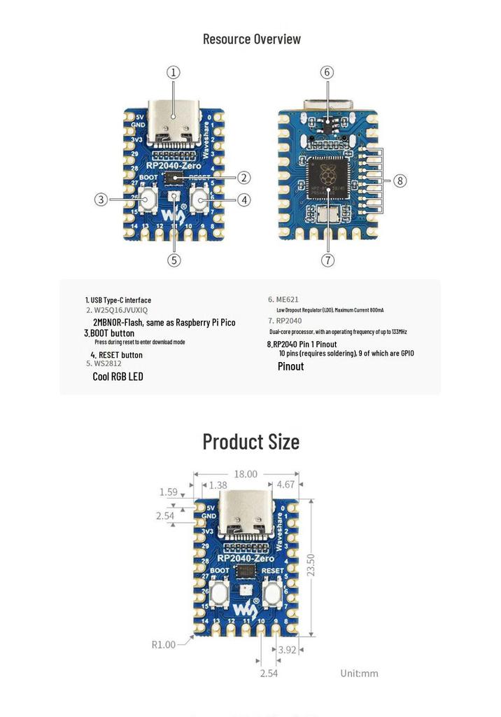 Raspberry Pi RP2040-Zero Microcontroller: PICO Development Board - Dual-Core Processor with Humidity Clock Functionality