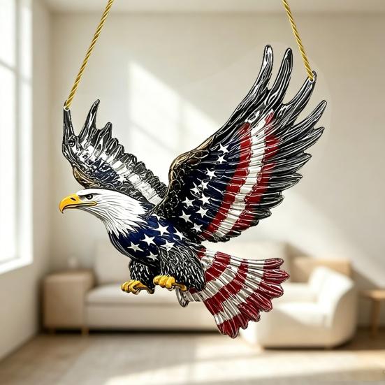 4th of July Suncatcher for Window Hanging Acrylic Stained Glass Heart/Eagle Ornament Patriotic Red White Blue Sun Catcher Panel for Memorial Day Decor