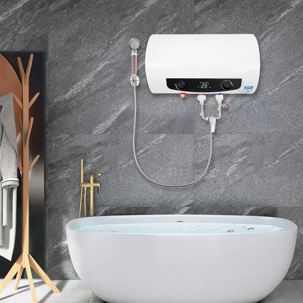 1500W Elektrischer Warmwasserbereiter, 110V Wandmontierter Warmwasserbereiter mit 10 Gallonen Tank, IPX4 Wasserdicht, Mit Duschkopf & Wasserhahn (50L)