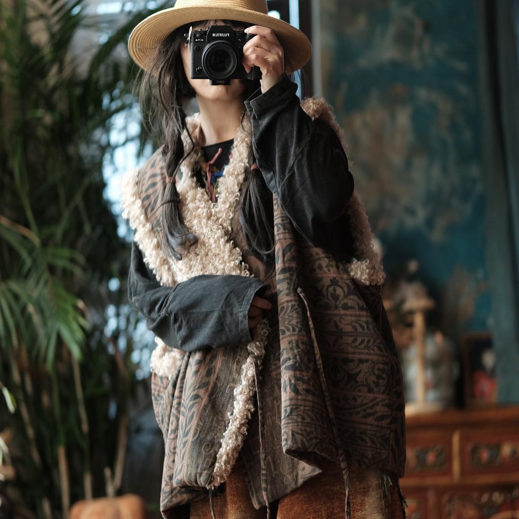 Johnature Women Vintage Print Floral Vests Coats Spring Chinese Style Warm Belt Female Coats