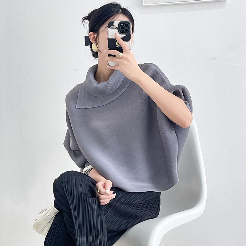 Miyake Damen Plissee Fledermausärmel Oberteil - Lockere Passform, Lange Ärmel, Einfarbig, Ideal für Frühling und Herbst