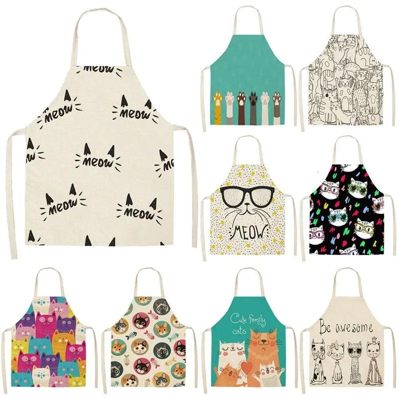 Lovely Cartoon Cats Kitchen Aprons for Women Cotton Linen Bibs Household Cleaning Pinafore Home Cooking 55x68cm